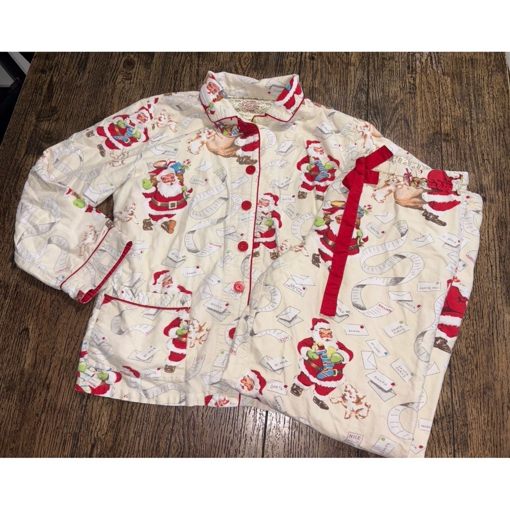 Nick & Nora Vtg Santa List Letters Puppies Christmas Flannel Pajama Set Size M